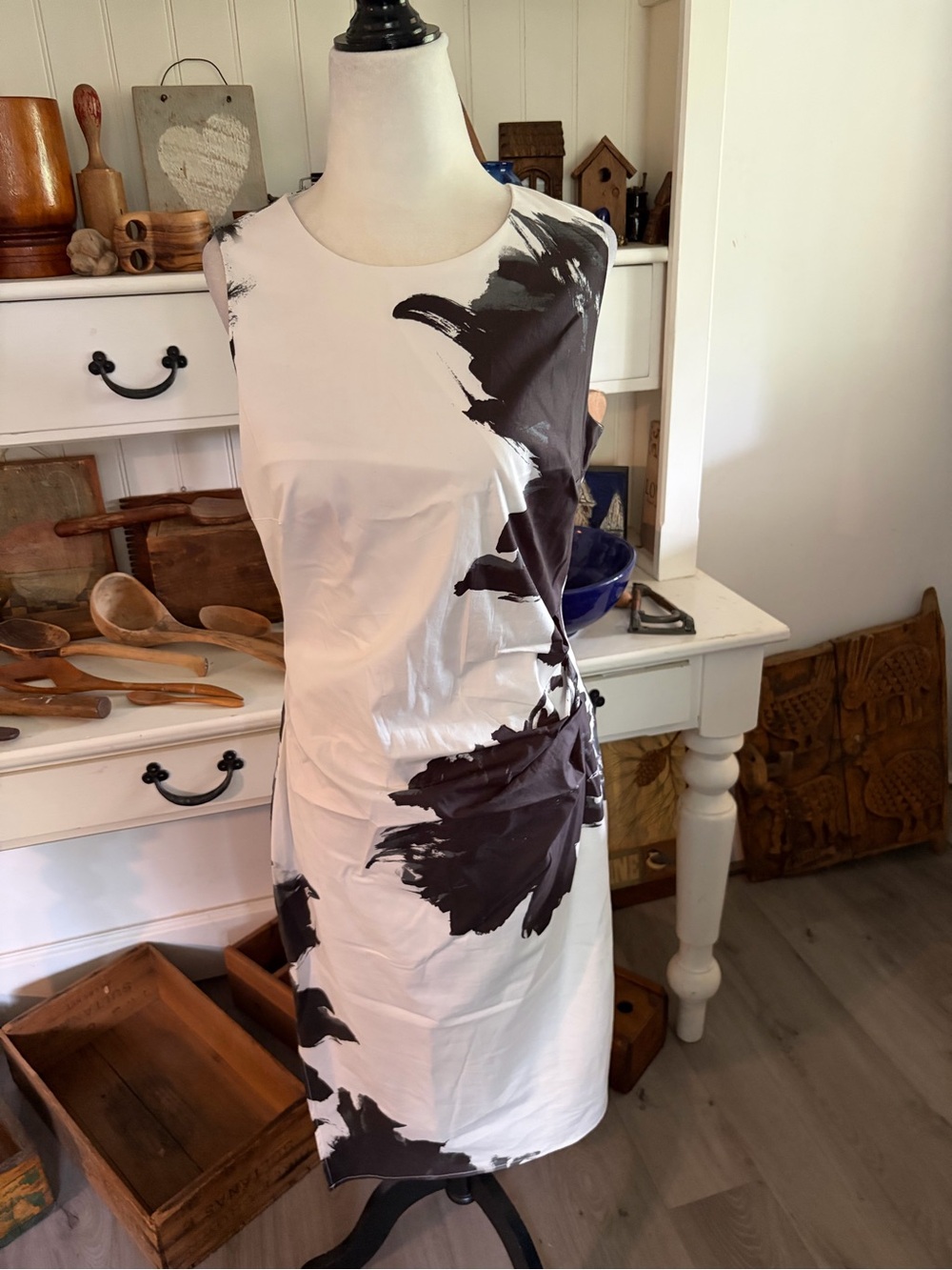 Iris Setlakwe Sleeveless White Dress with Abstract Black Print